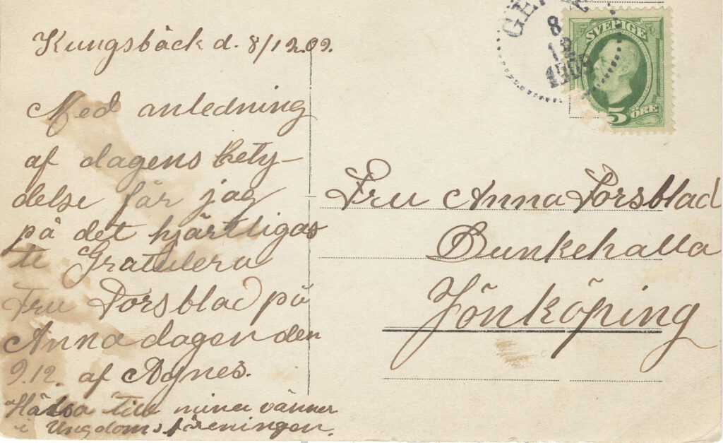 Baksida av vykortet daterat 8 december 1909